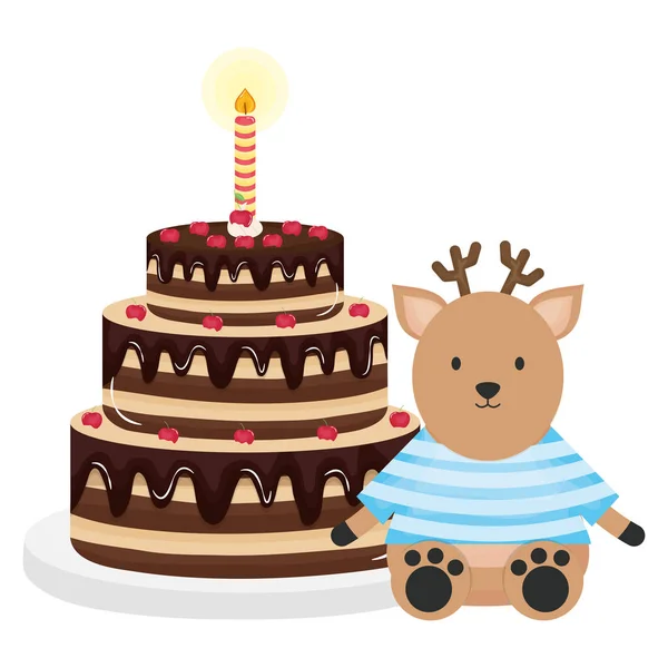 Cute reindeer with sweet cake in party celebration — Stock Vector