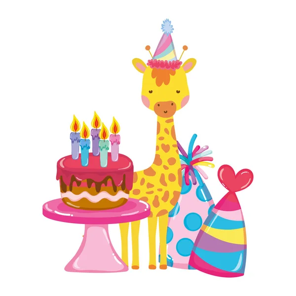 Linda y pequeña jirafa con carácter sombrero de fiesta — Vector de stock