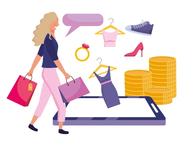 온라인 쇼핑하는 여성 — 스톡 벡터
