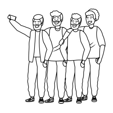 Millennial çeşitli grup alma selfie siyah ve beyaz