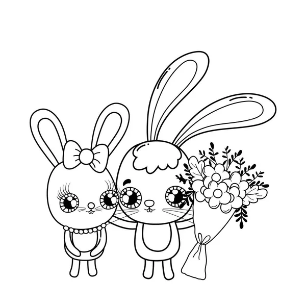 Bonito coelhos casal com flores dia dos namorados —  Vetores de Stock