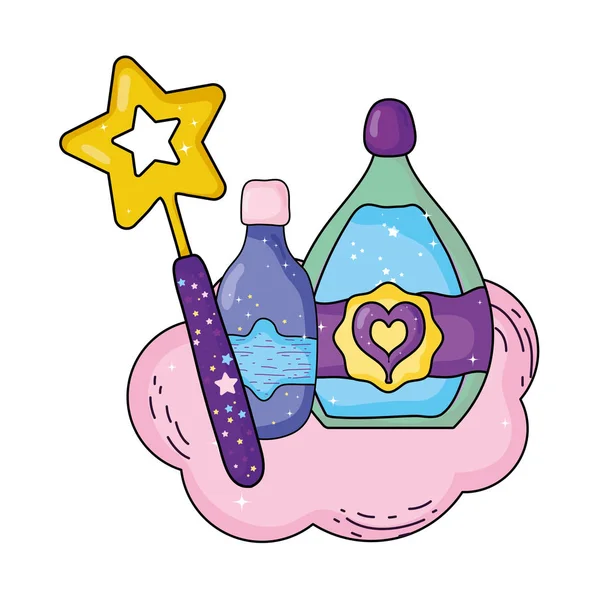 değnek ile sihirli iksir şişeleri