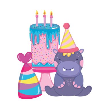 parti şapka ile sevimli ve küçük Hippo karakter