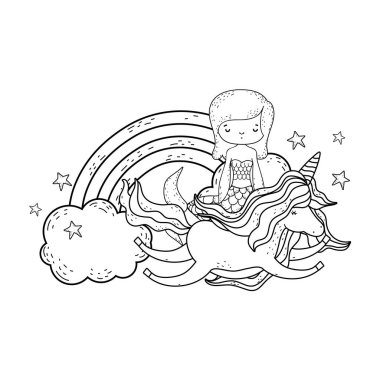 bulutlar içinde tek boynuzlu at ve gökkuşağı ile mermaid