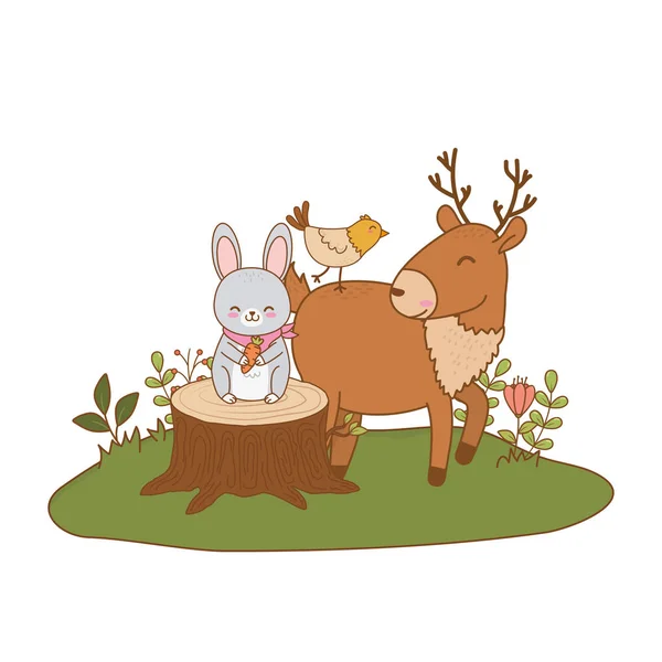 Reno lindo y conejo en el campo caracteres del bosque — Vector de stock