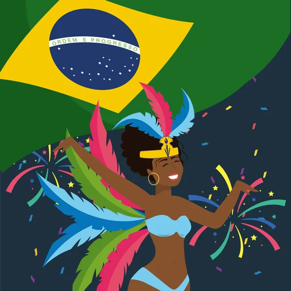 Bonito menina dançarina com penas e bandeira do brasil —  Vetores de Stock