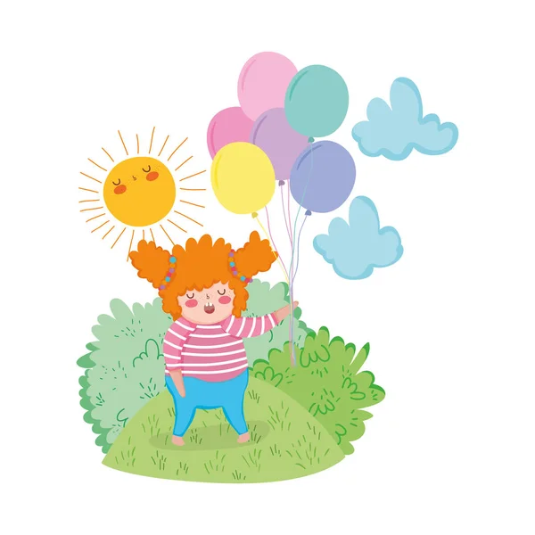 Niña gordita con globos de aire en el paisaje — Vector de stock