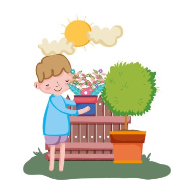 küçük çocuk ağaç ve çit ile houseplant kaldırma