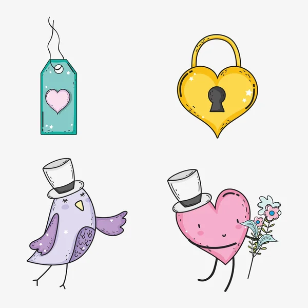 Mettre cadenas coeur avec coeur et oiseau à la Saint-Valentin — Image vectorielle