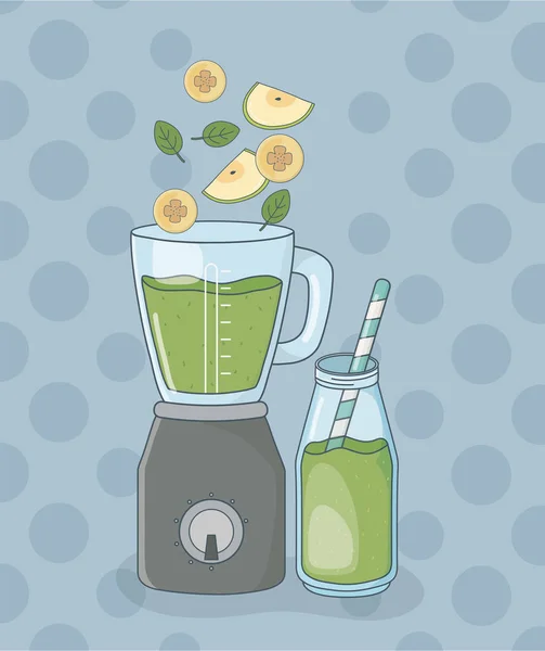 Mixer mit Früchten und Flasche gesunde Zubereitung — Stockvektor