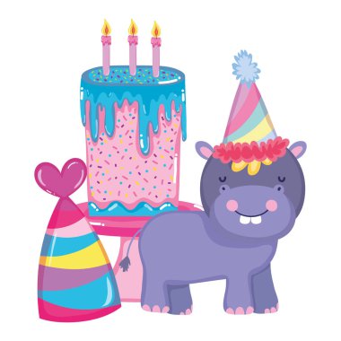 parti şapka ile sevimli ve küçük Hippo karakter