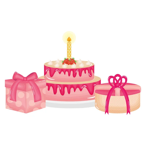 Смачний солодкий торт зі свічкою та подарунками — стоковий вектор