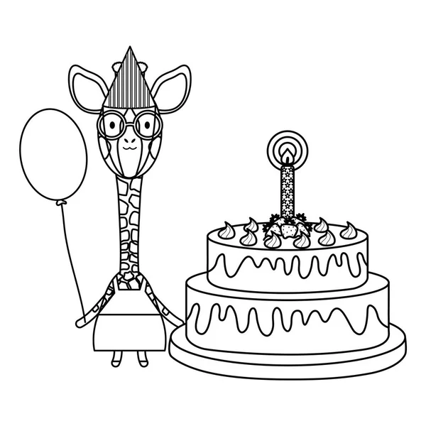Niedliche Giraffe mit Ballon Helium und Kuchen in Geburtstagsfeier — Stockvektor