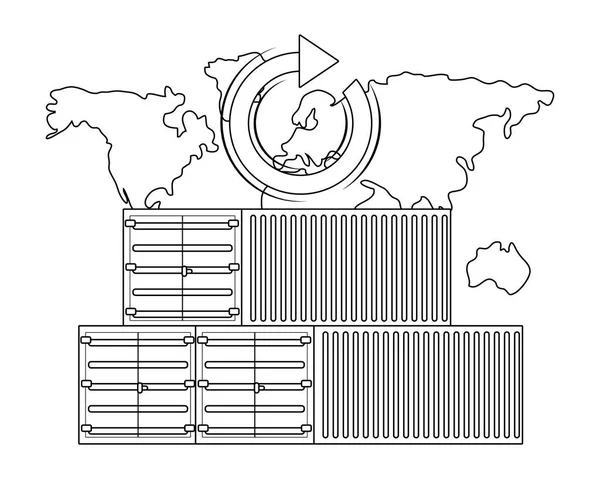 Frachtcontainer und Landkarte in schwarz-weiß — Stockvektor
