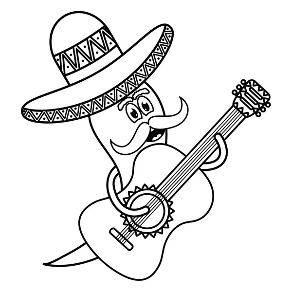 Piment avec chapeau mexicain et personnage de guitare — Image vectorielle