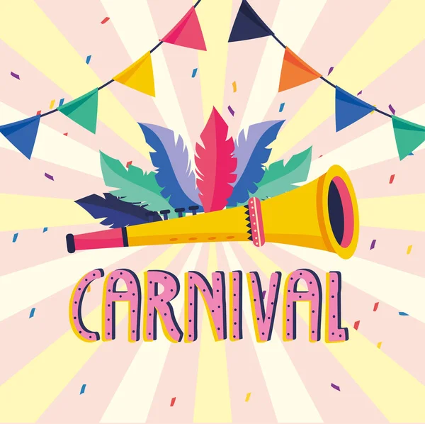 Feathers with trumpet and party banner to carnival — Stock Vector