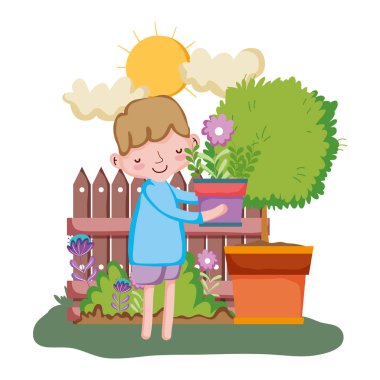 küçük çocuk çit ve ağaç ile houseplant kaldırma