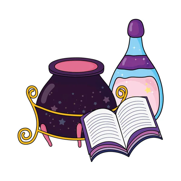 Caldero de bruja mágica con botella de poción y libro — Vector de stock