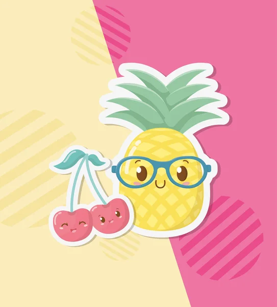 Abacaxi fresco e cerejas frutas caracteres kawaii — Vetor de Stock