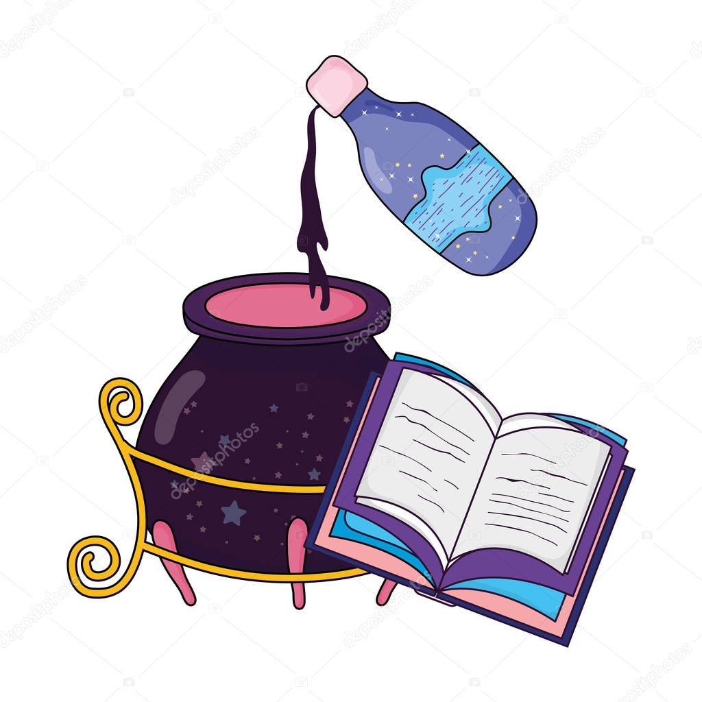 magic witch cauldron with potion bottle and book