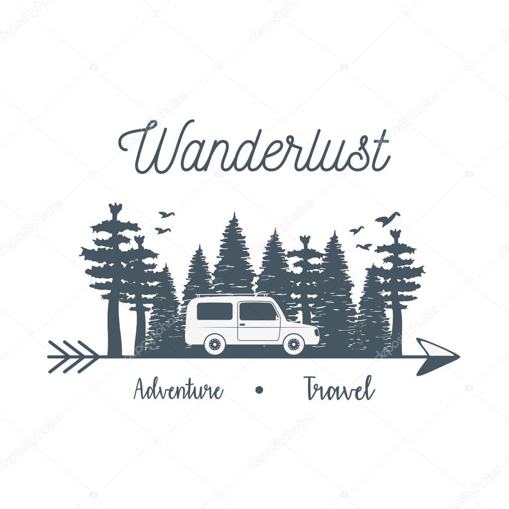 wanderlust label with forest scene and car vehicle