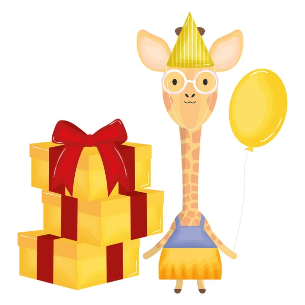 Niedliche Giraffe mit Ballon-Helium und Geschenken bei Geburtstagsfeier — Stockvektor