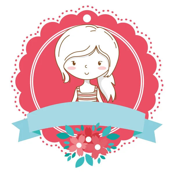 かわいい女の子の漫画スタイリッシュな衣装ポートレート花の花のフレーム — ストックベクタ