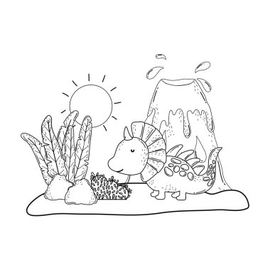 yanardağ manzara ile sevimli dinozor