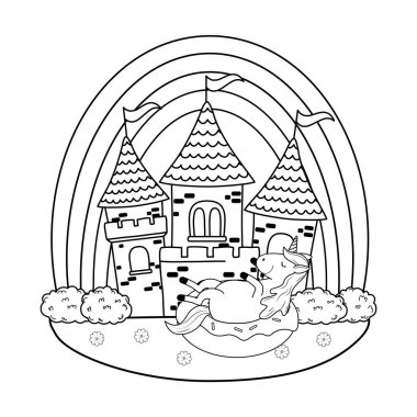 alanında kale ve gökkuşağı ile tek boynuzlu at