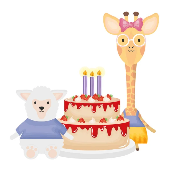 cute sheep and giraffe with cake in birthday party