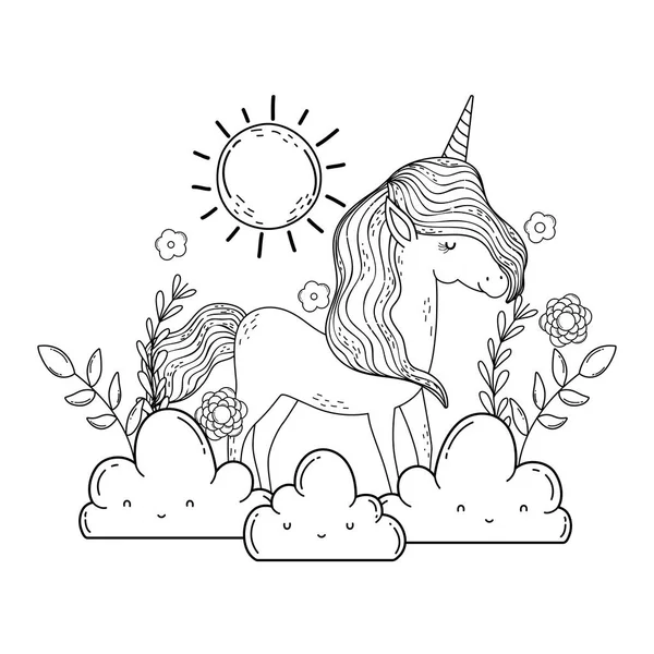 Beautiful little unicorn with clouds and sun — Stock Vector