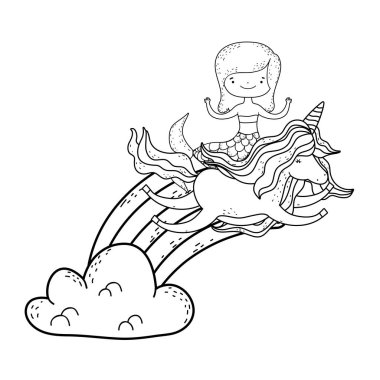 bulutlar içinde tek boynuzlu at ve gökkuşağı ile mermaid