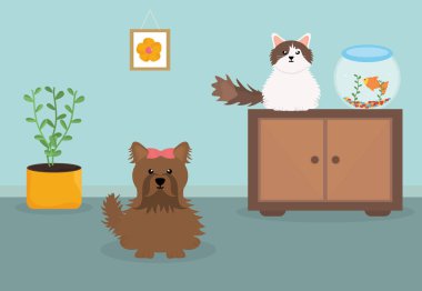 evde sevimli küçük kedi ve köpek maskotları