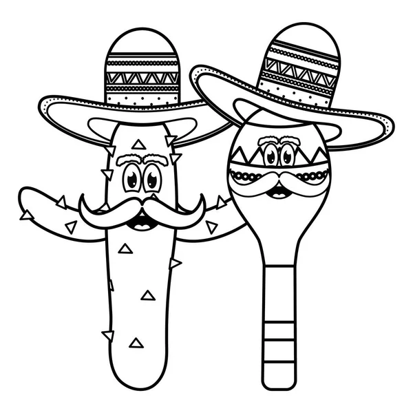 Cactus mexicain et personnages emoji maraca — Image vectorielle