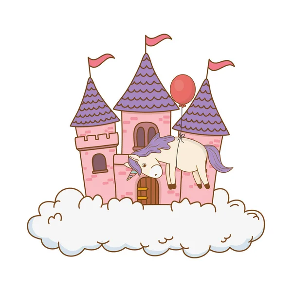 Cute fairytale unicorn with castle in the clouds — Stock Vector
