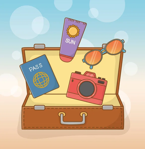 Maleta con artículos de vacaciones de viaje — Vector de stock