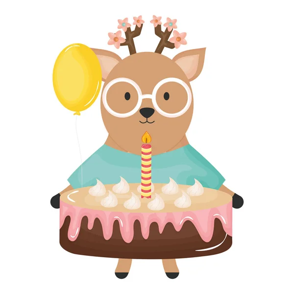 Reindeer with sweet cake and balloon helium in party celebration — Stock Vector