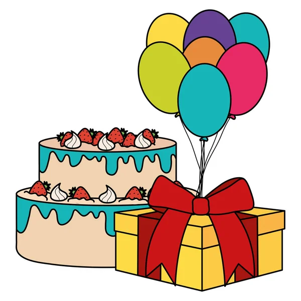 Geschenkbox mit süßem Kuchen und Luftballons Helium schwimmend — Stockvektor