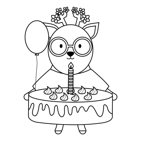 Милый олень со сладким тортом в праздновании вечеринки — стоковый вектор