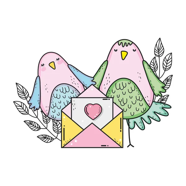 Mignon petit couple d'oiseaux avec enveloppe de beaux personnages — Image vectorielle