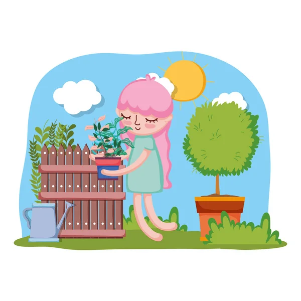 küçük kız ağaç ve çit ile houseplant kaldırma