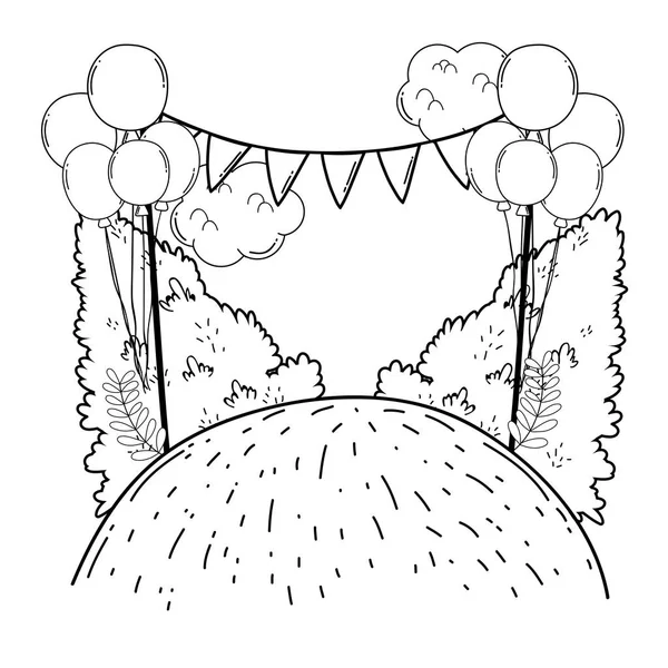 Hermoso paisaje con pastel de fiesta y globos de helio — Vector de stock
