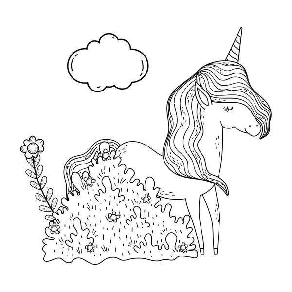 Beautiful little unicorn in the landscape — Stock Vector