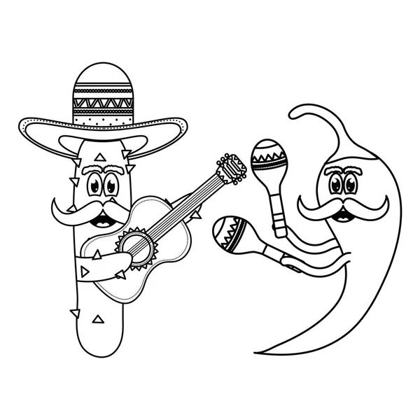 Cactus mexicain et piment avec chapeaux et guitares personnages comiques — Image vectorielle