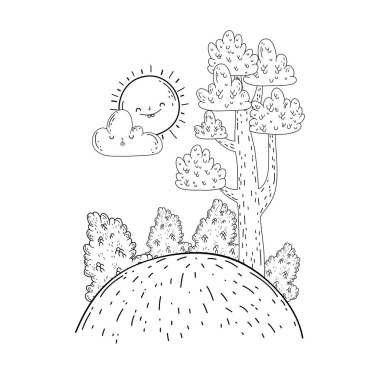 Güneş kawaii ve ağaçları ile güzel manzara