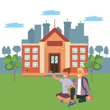 Kampüs arka planda bin yıllık öğrenci çift