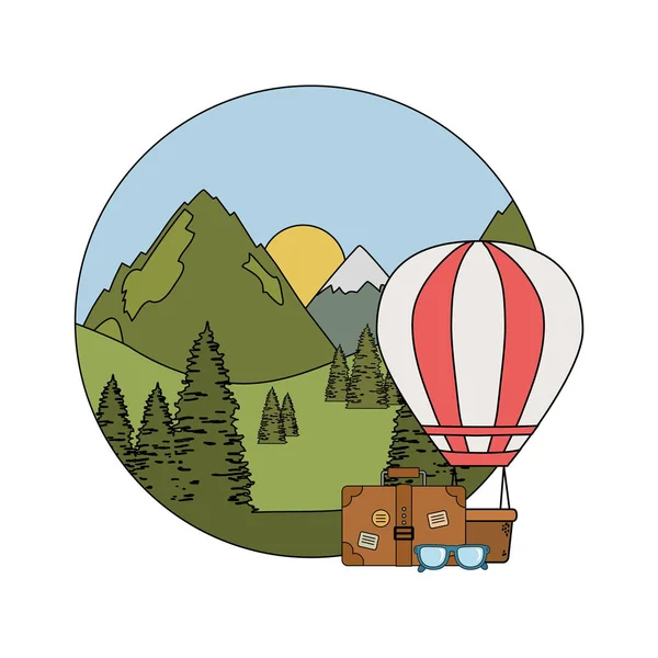 Globo de aire caliente volando con pinos y maleta — Vector de stock