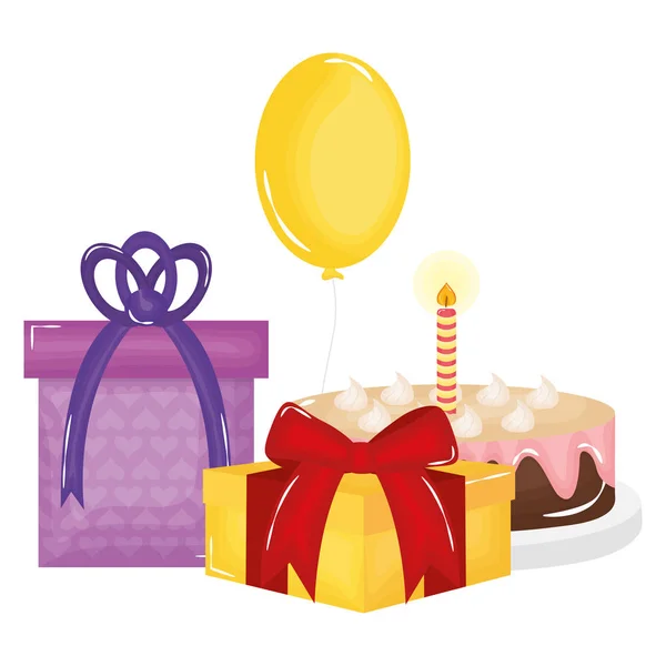 Caja de regalo con pastel dulce y helio globo flotante — Vector de stock