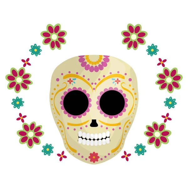 Masque de mort crâne mexicain avec des fleurs — Image vectorielle