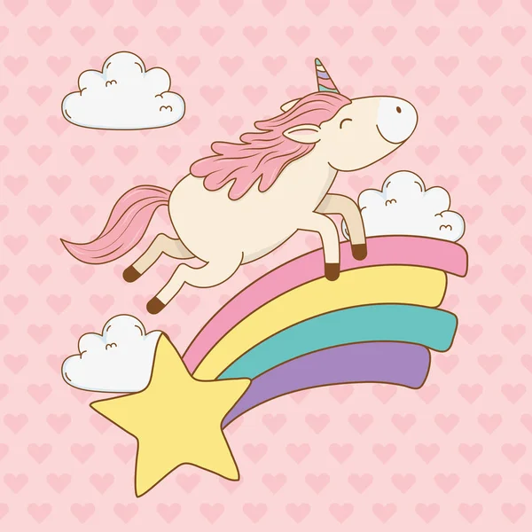 Schattig fairytale unicorn in regenboog met ster — Stockvector